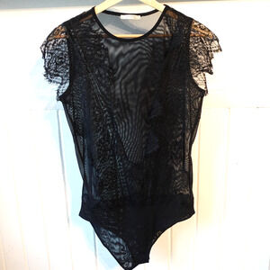 Zara Bodysuit Medium Black Sheer Lace Mesh Whimsigoth Fairy Plunge Bloggers Fave